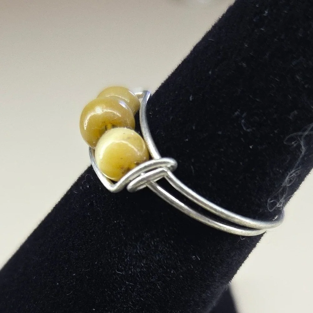 Handmade Wire Wrapped Ring Silver Tone Yellow Cat Eye Beads‎ Size 7.5 Boho
